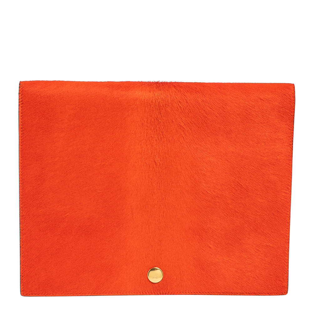Pre Owned Celine Orange/Black Calfhair and Leather Double Flap Clutch