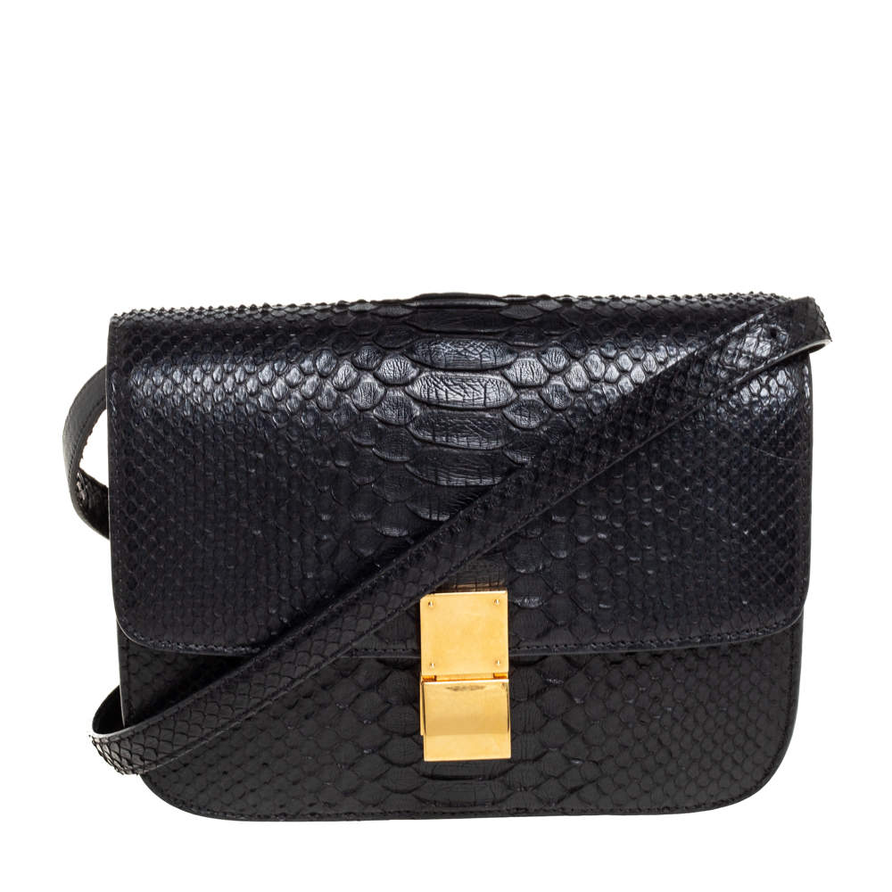 Pre Owned Celine Black Python Medium Classic Box Shoulder Bag