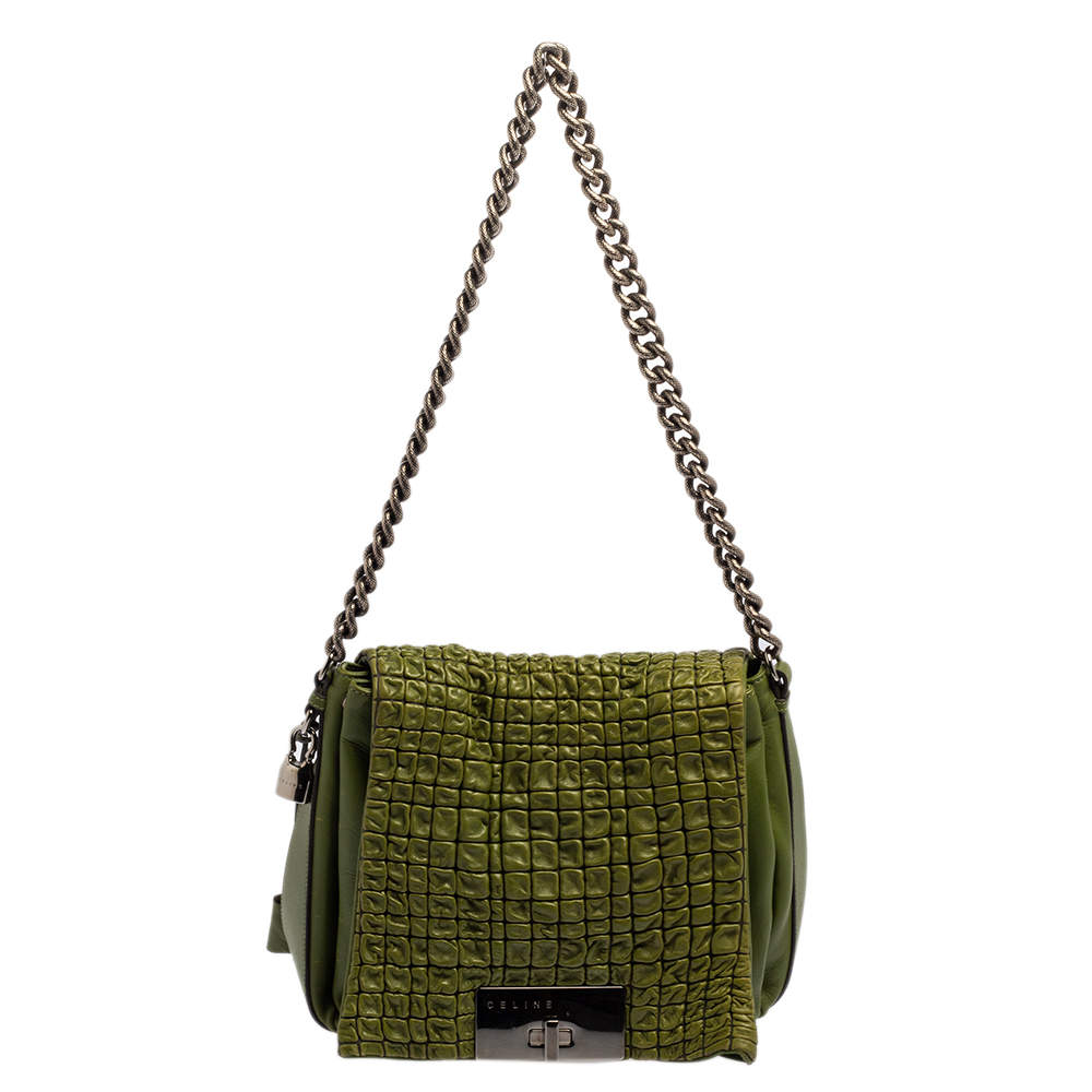 Pre Owned Celine Green Leather Watch Me Flap Shoulder Bag