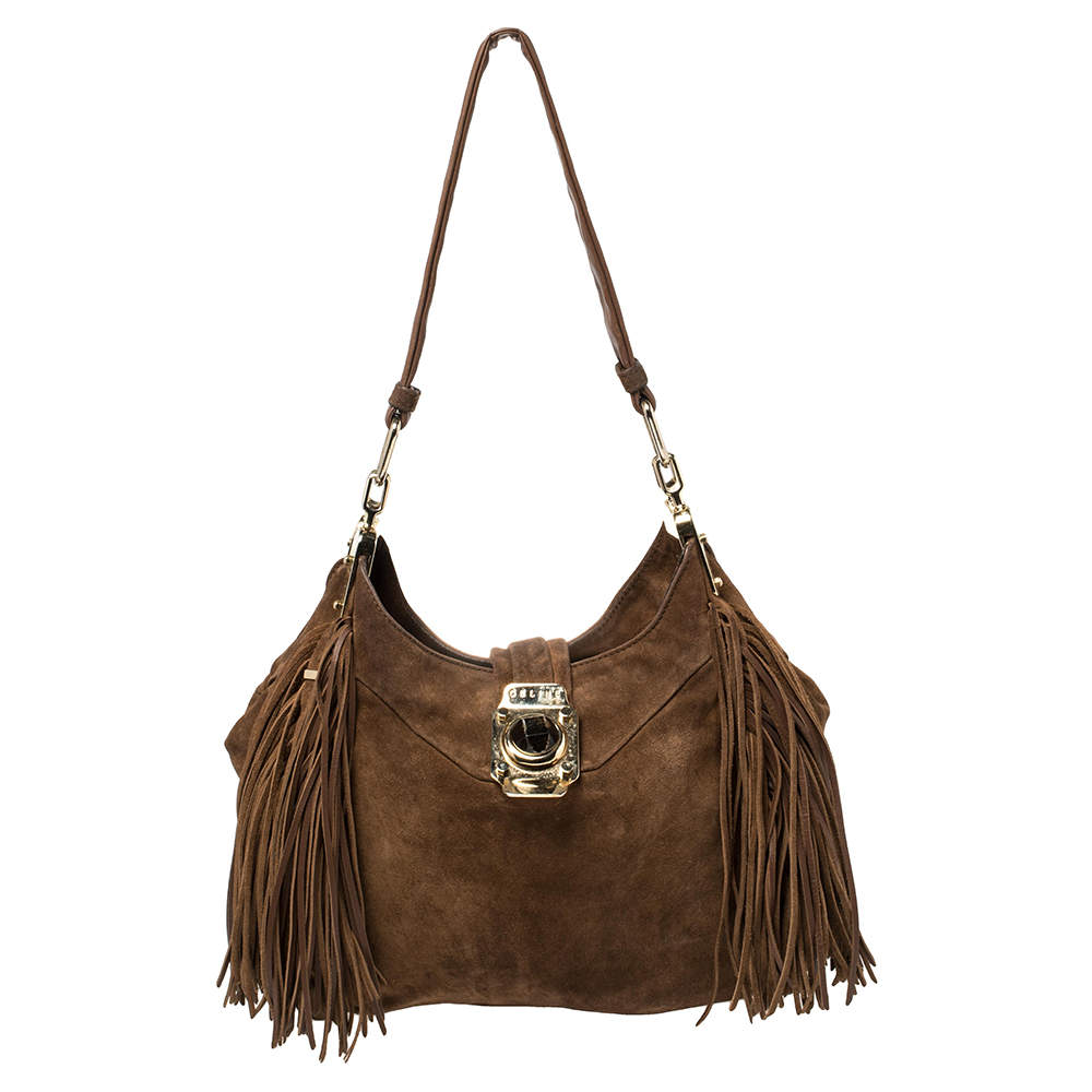 Pre Owned Celine Brown Suede and Leather Fringe Dimitri Shoulder Bag