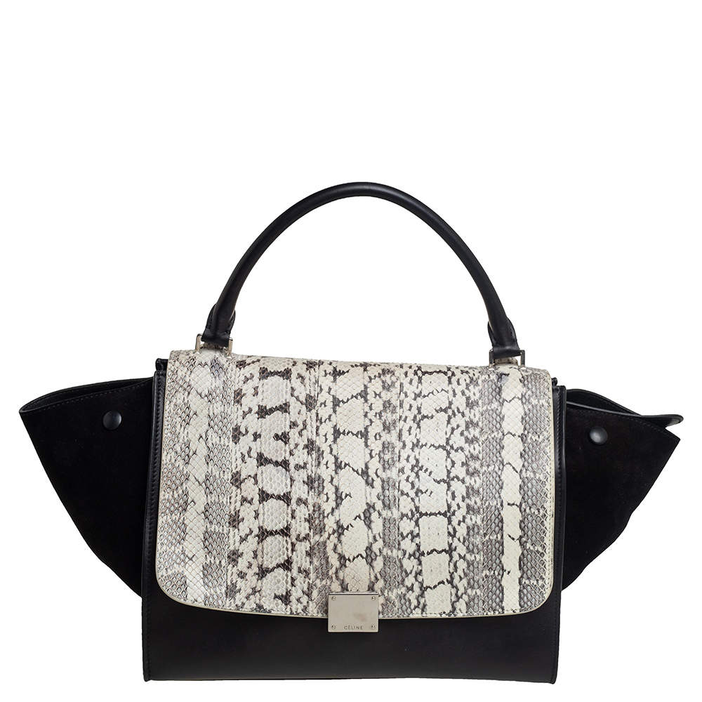 Pre Owned Celine Black Leather, Suede and Python Medium Trapeze Top Handle Bag