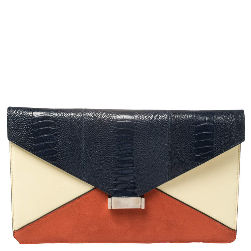 Pre Owned Celine Multicolor Ostrich Leg, Suede and Leather Diamond Clutch