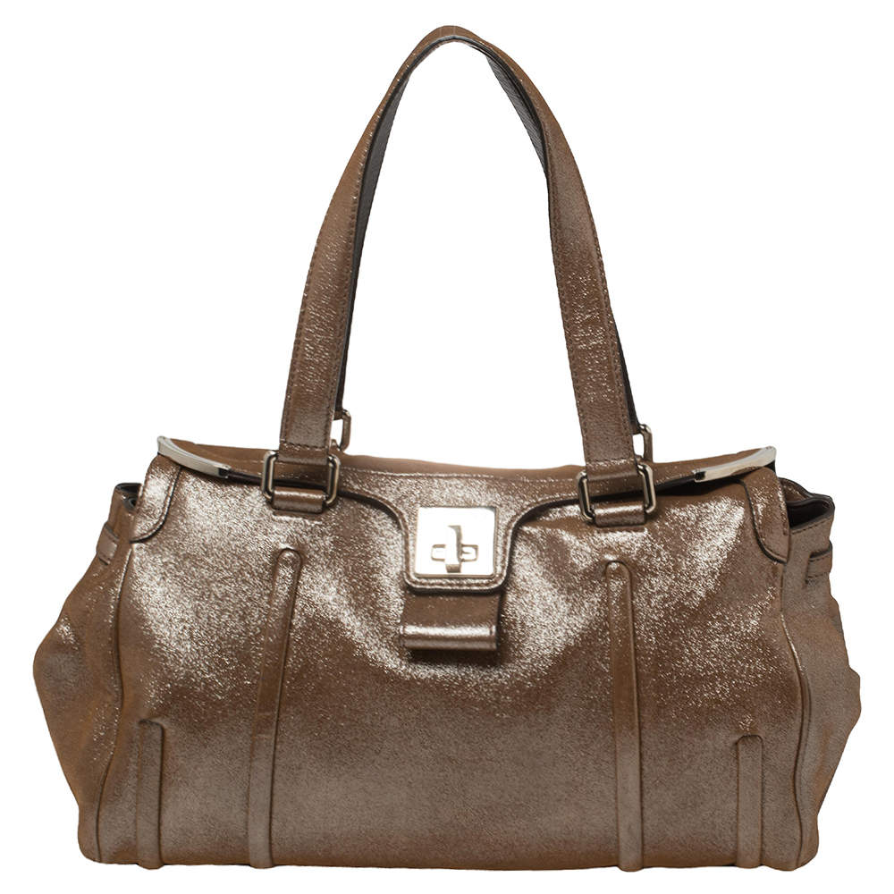 Pre Owned Celine Brown Glitter Leather Front Flap Satchel