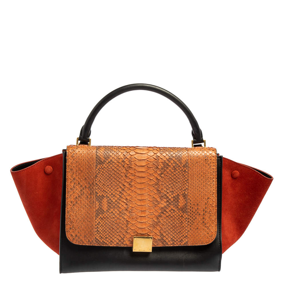 Pre Owned Celine Multicolor Python, Suede, and Leather Medium Trapeze Top Handle Bag