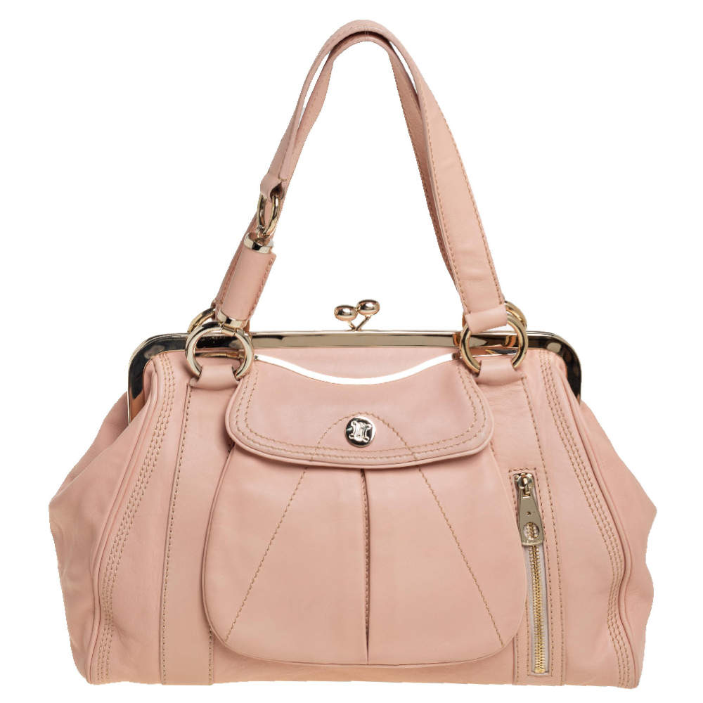 Pre Owned Celine Pale Pink Leather 'Clandestine' Frame Satchel