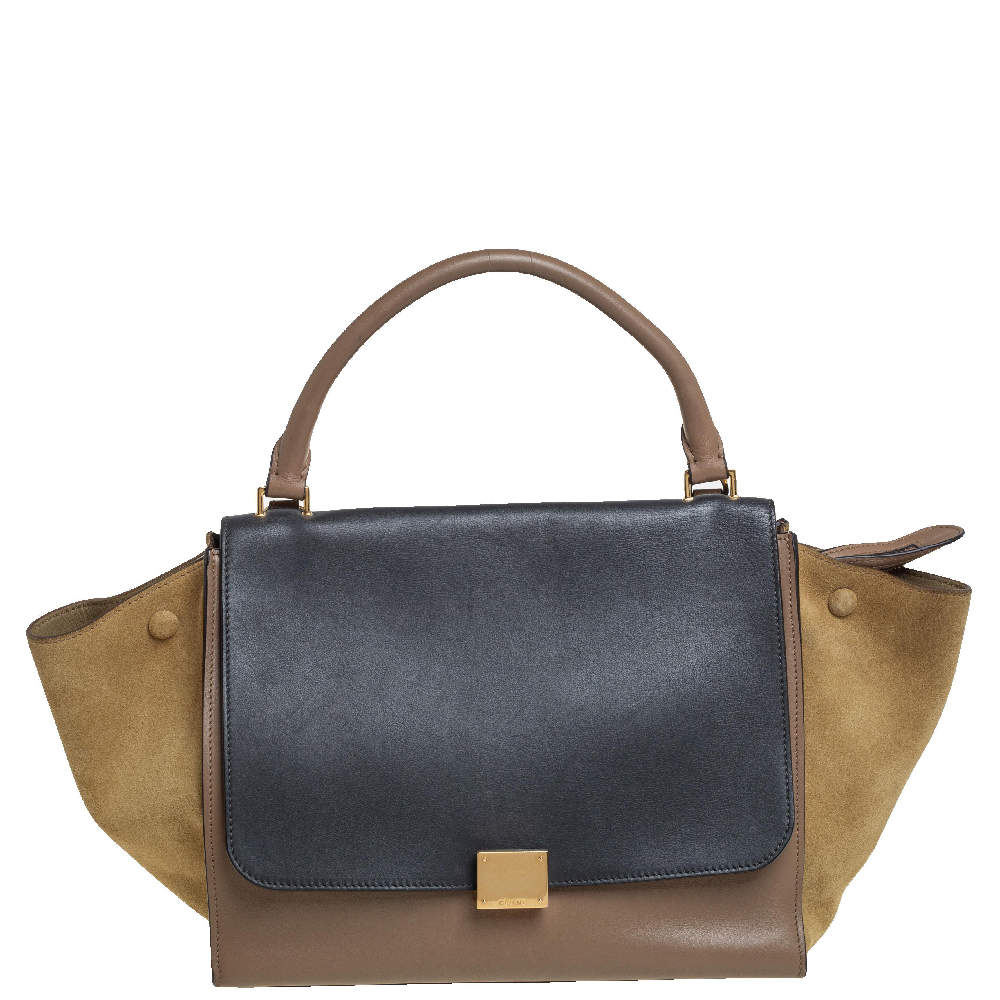Pre Owned Celine Tri Color Leather and Suede Medium Trapeze Top Handle Bag
