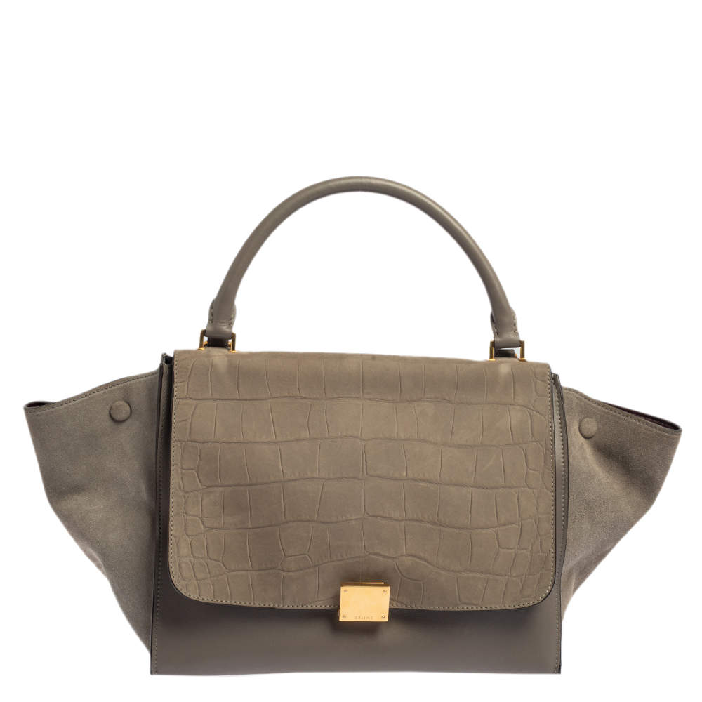 Pre Owned Celine Grey Croc Embossed Leather and Suede Medium Trapeze Top Handle Bag