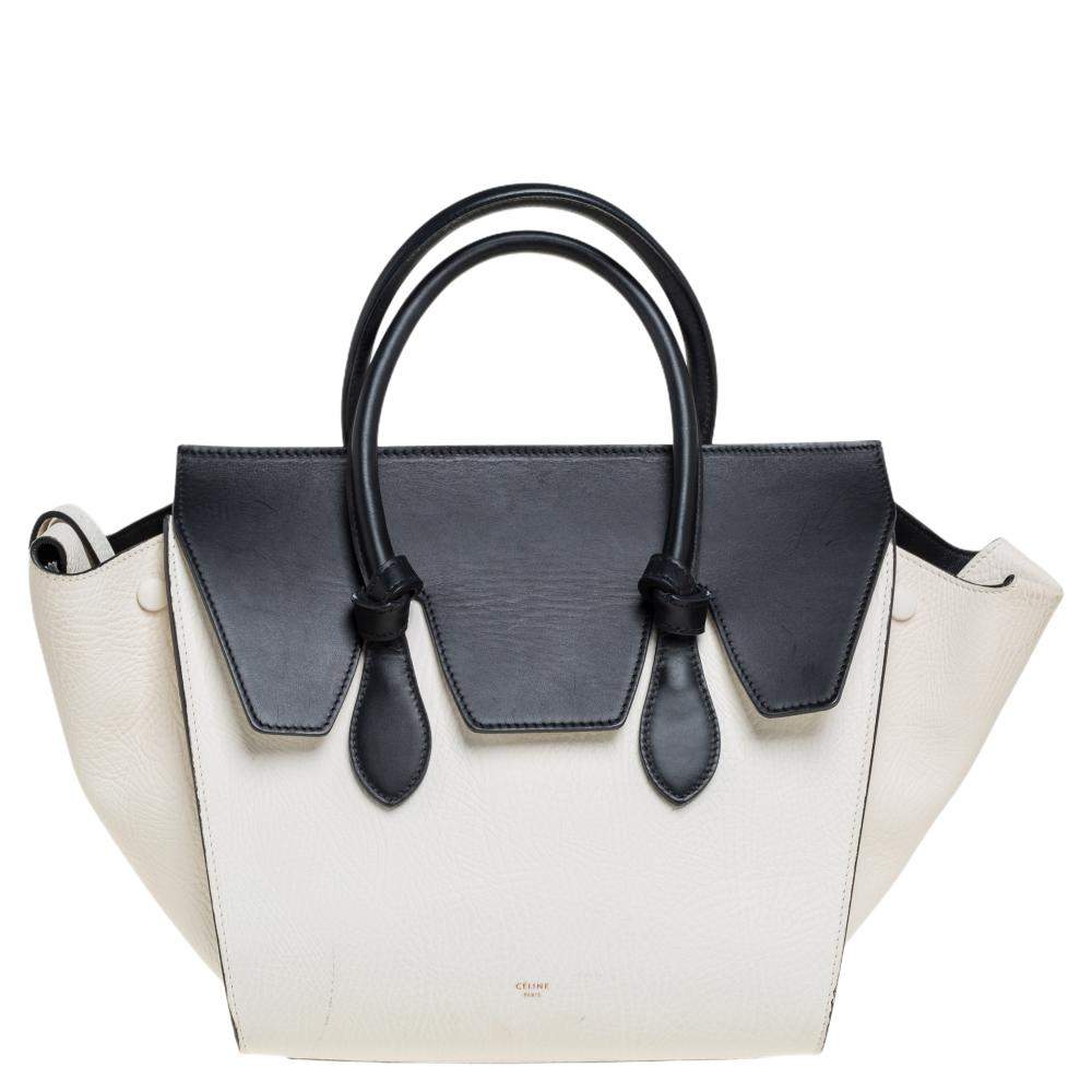 Pre Owned Celine White/Black Leather Mini Tie Tote
