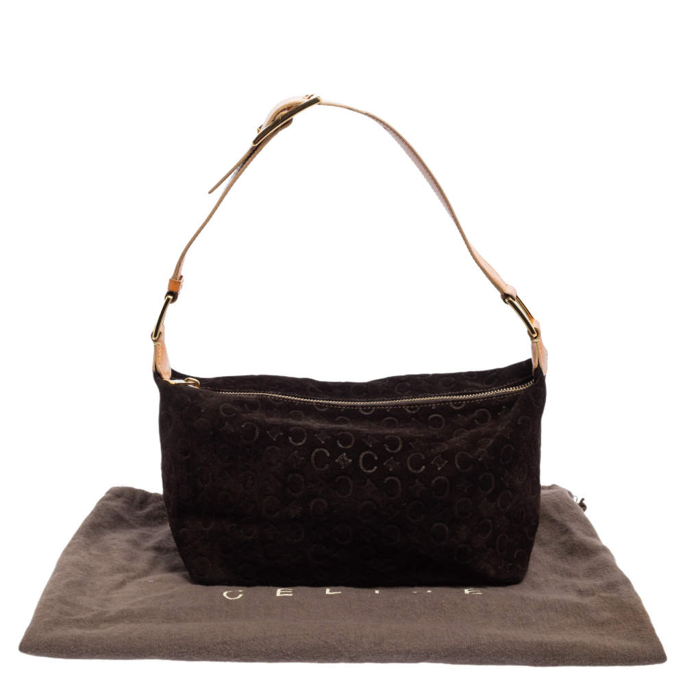 CELINE Handbag Black/Tan Suede Leather Purse Monogram Debossed Felt Front  MC00/1