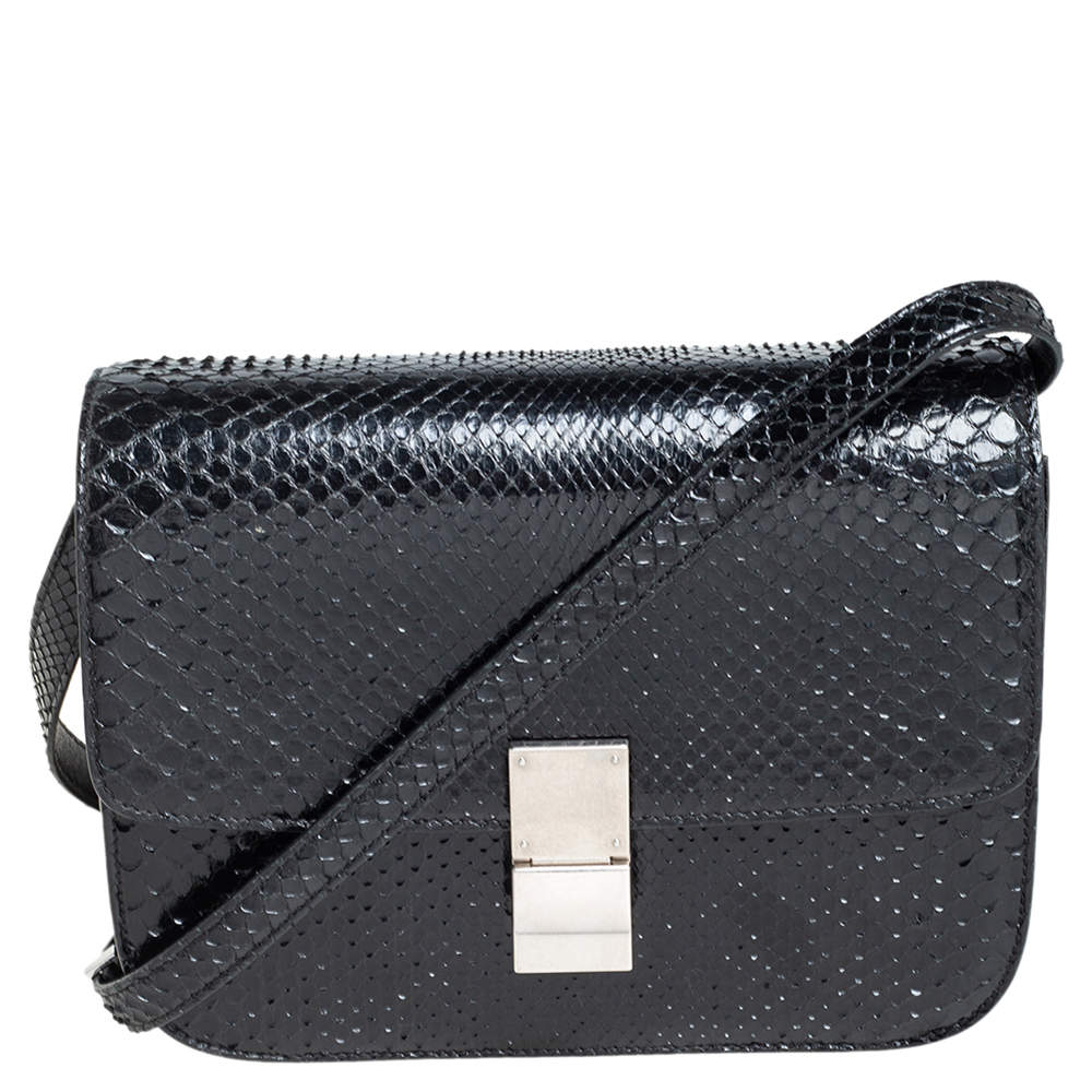 Pre Owned Celine Black Python Medium Classic Box Shoulder Bag