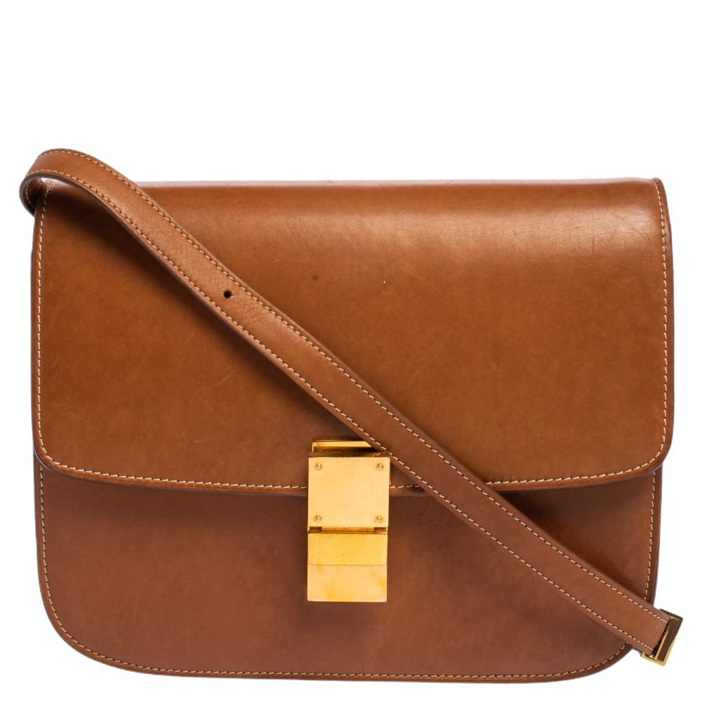 Pre Owned Celine Tan Leather Medium Classic Box Shoulder Bag