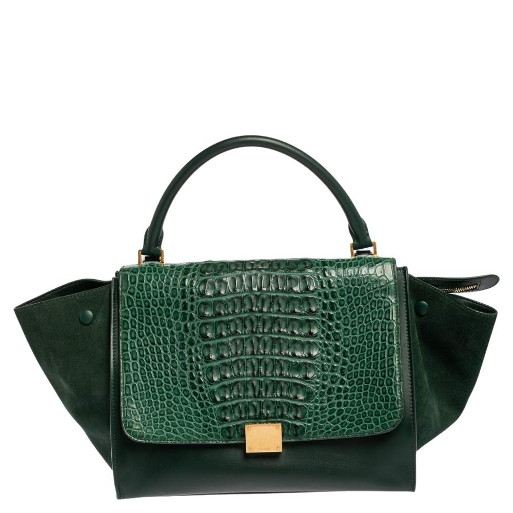 Pre Owned Celine Green Crocodile/Leather And Suede Medium Trapeze Bag