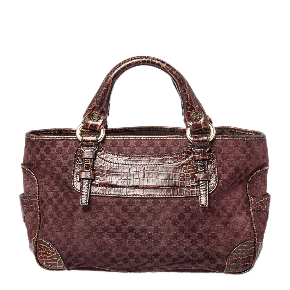 Celine Brown/Purple Macadam Suede and Croc Embossed Leather Boogie Tote