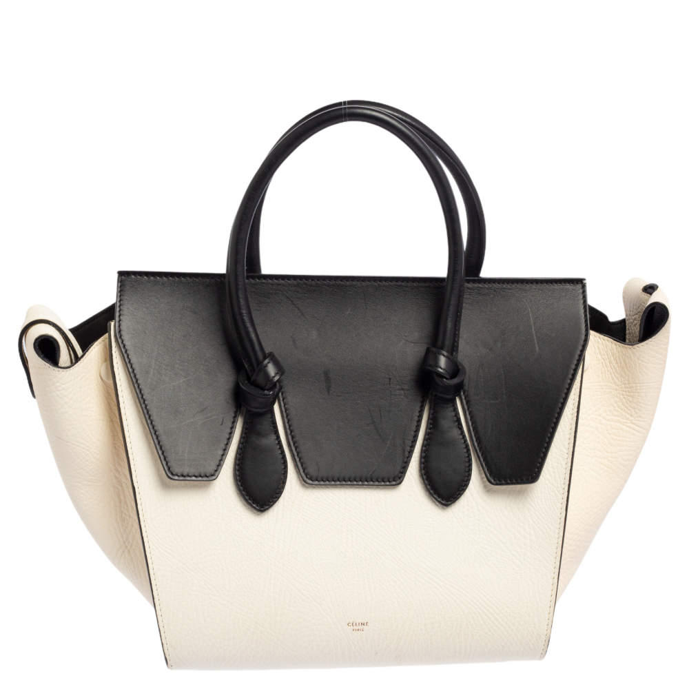 Pre Owned Celine White/Black Leather Mini Tie Tote