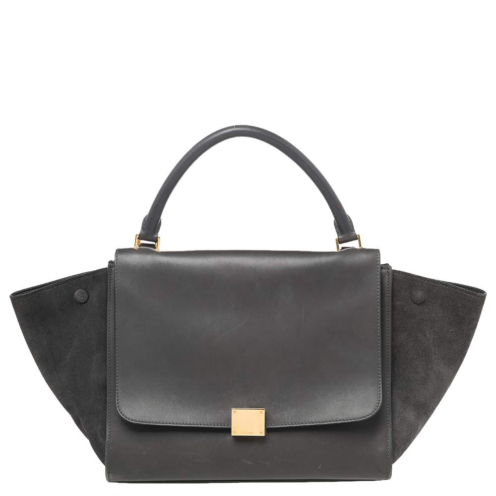 Pre Owned Celine Dark Grey Leather and Suede Medium Trapeze Top Handle Bag