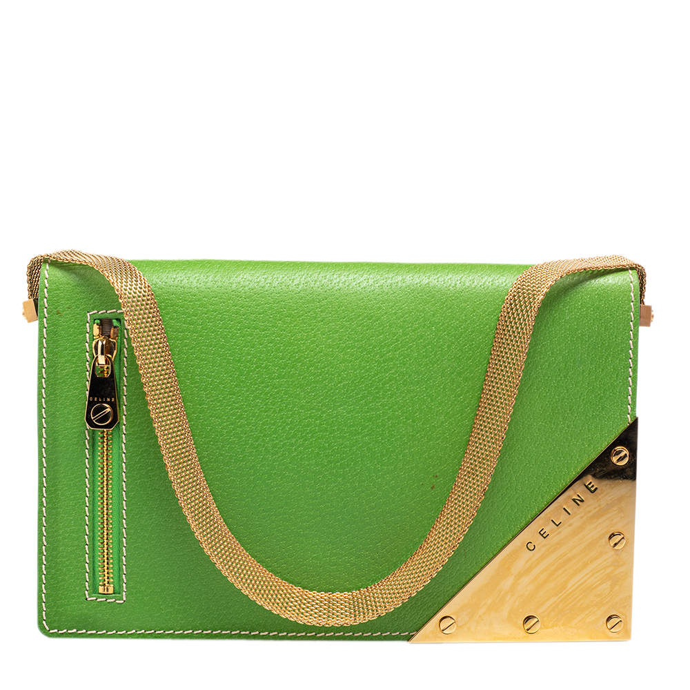 Pre Owned Celine Green Leather Flap Clutch