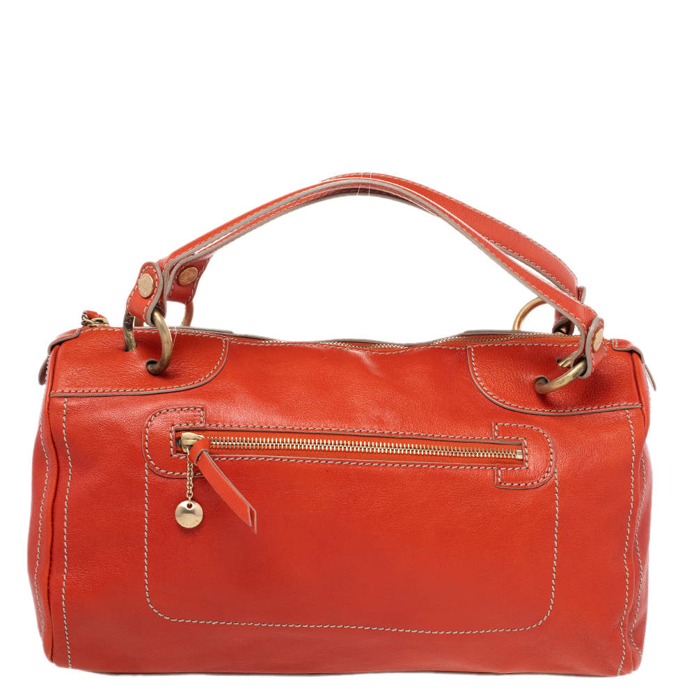 Pre Owned Celine Orange Leather Front Zip Satchel