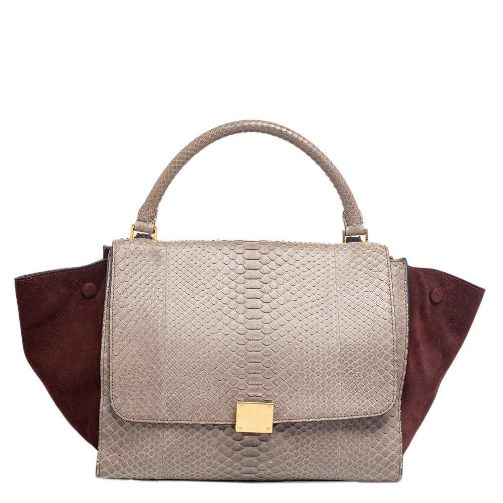 Pre Owned Celine Brown/Grey Python Leather And Suede Medium Trapeze Top Handle Bag