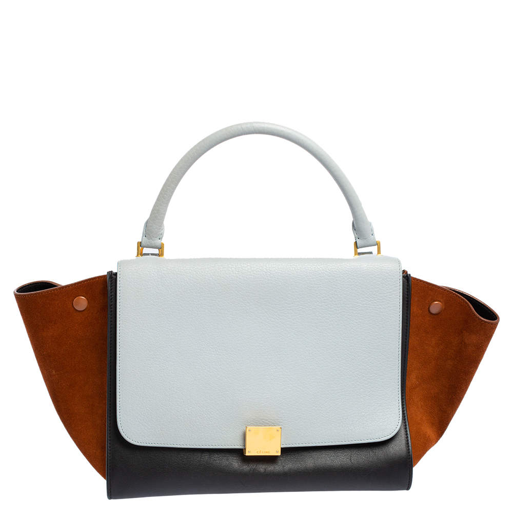 Pre Owned Celine Tri Color Leather and Suede Medium Trapeze Top Handle Bag