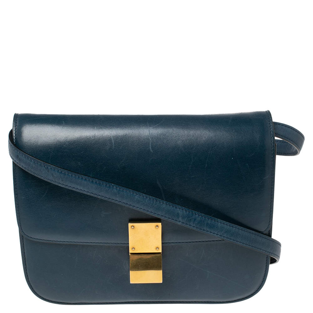Pre Owned Celine Electric Blue Leather Medium Classic Box Crossbody Bag