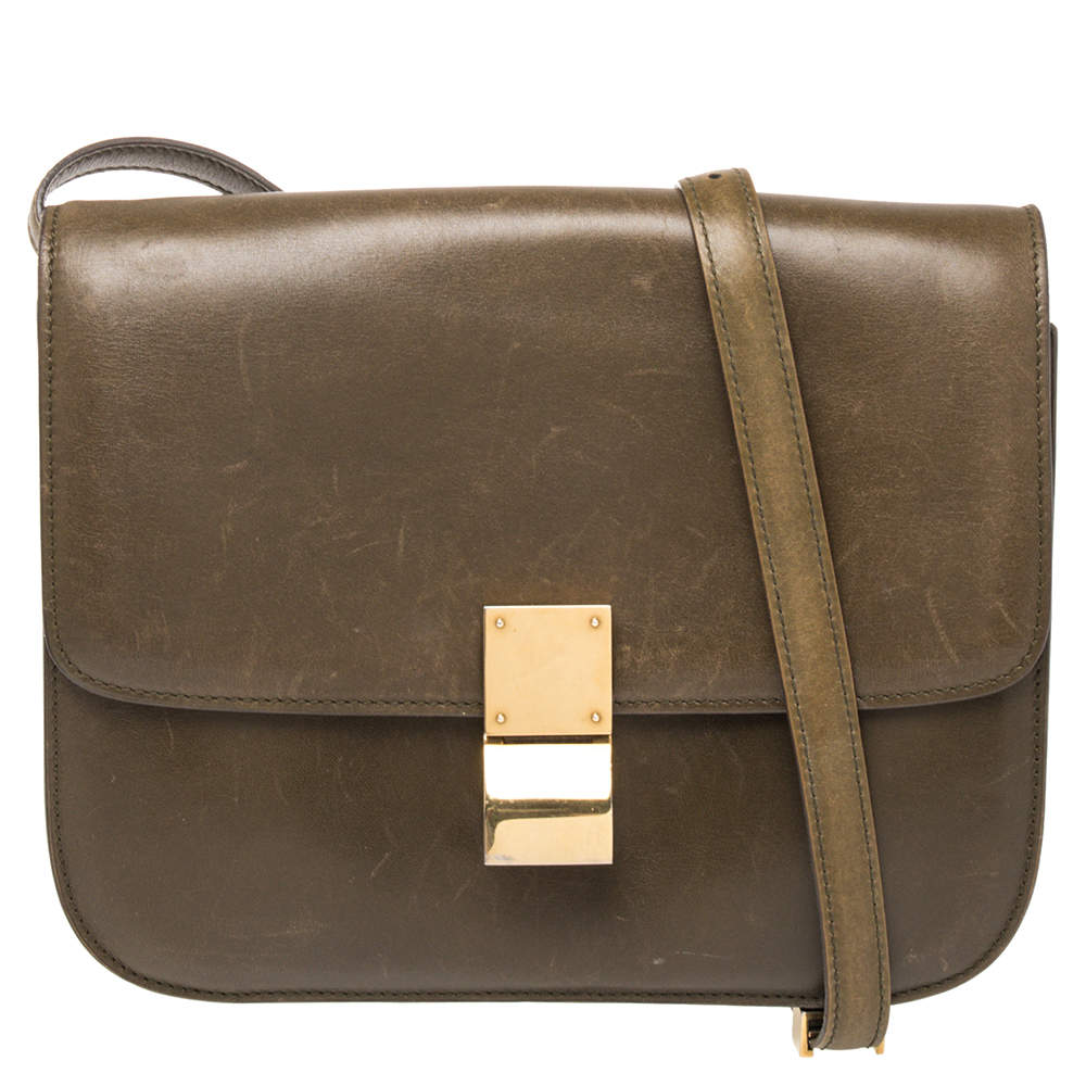 Pre Owned Celine Olive Green Leather Medium Classic Box Shoulder Bag