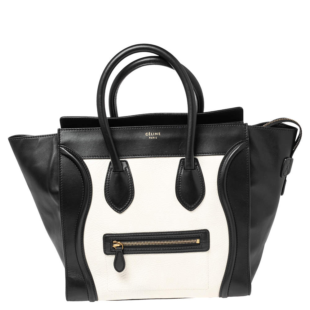 Pre Owned Celine White/Black Leather Mini Luggage Tote