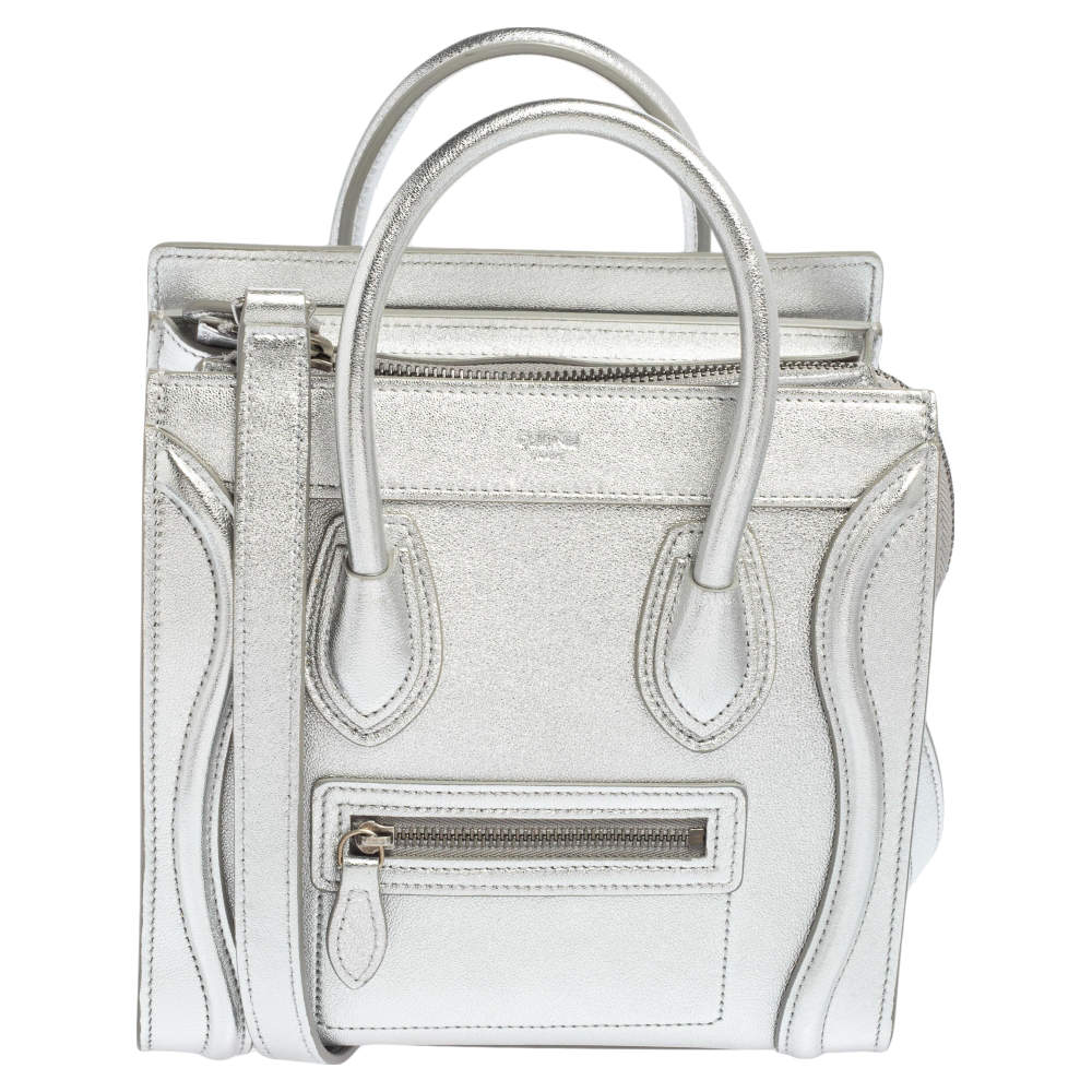 Pre Owned Céline Metallic Silver Leather Nano Luggage Tote