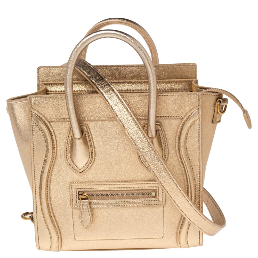 Pre Owned Céline Metallic Gold Leather Nano Luggage Tote