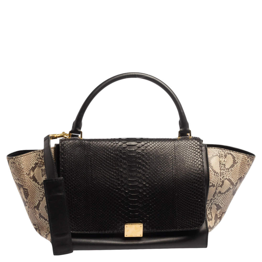 Pre Owned Celine Tri Color Leather and Python Medium Trapeze Top Handle Bag