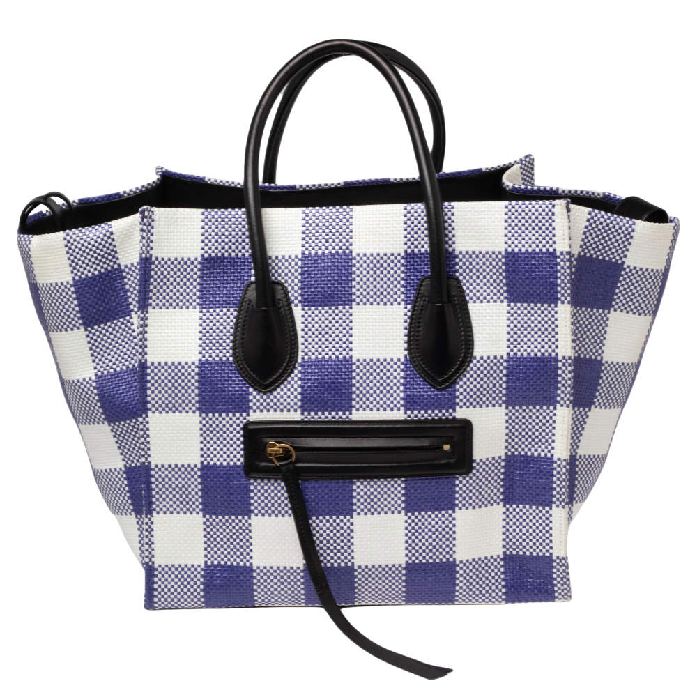 Pre Owned Celine Tri Color Gingham Woven Straw and Leather Medium Phantom Luggage Tote