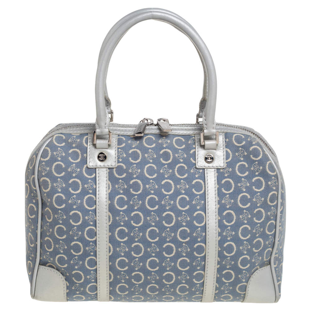 Pre Owned Celine Silver/Blue Macadam Fabric and Leather Satchel