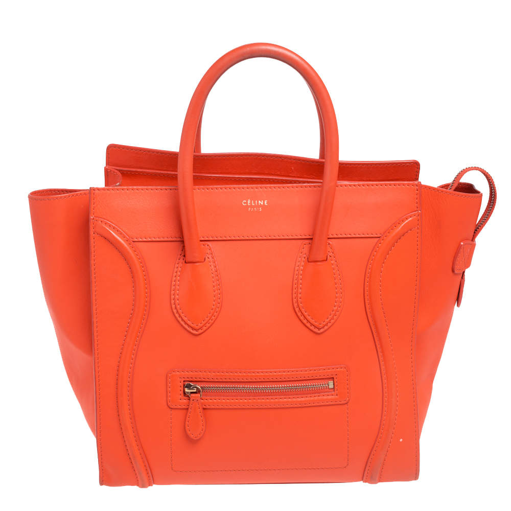 Pre Owned Celine Neon Orange Leather Mini Luggage Tote