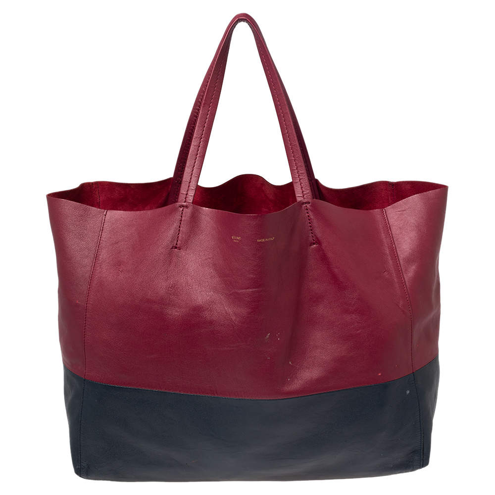 Pre Owned Celine Burgundy/Navy Blue Leather Horizontal Cabas Tote