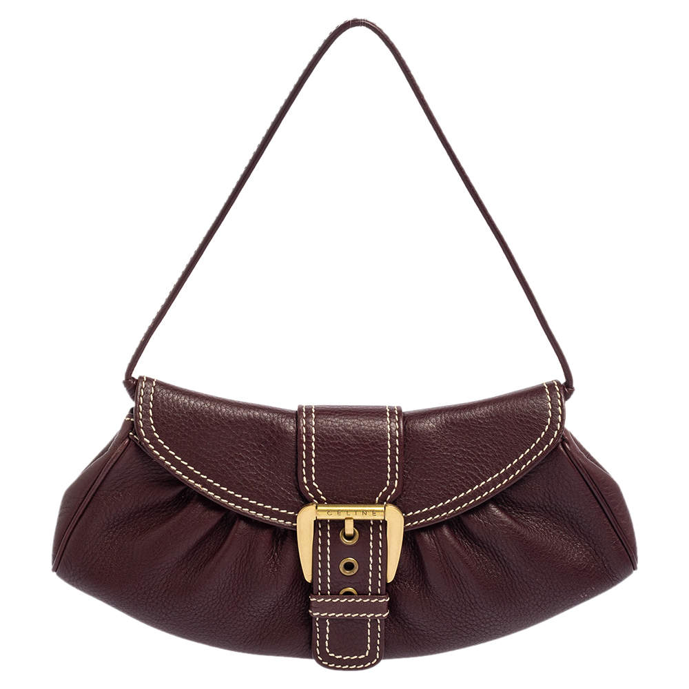 Pre Owned Celine Burgundy Leather Small Buckle Flap Baguette 