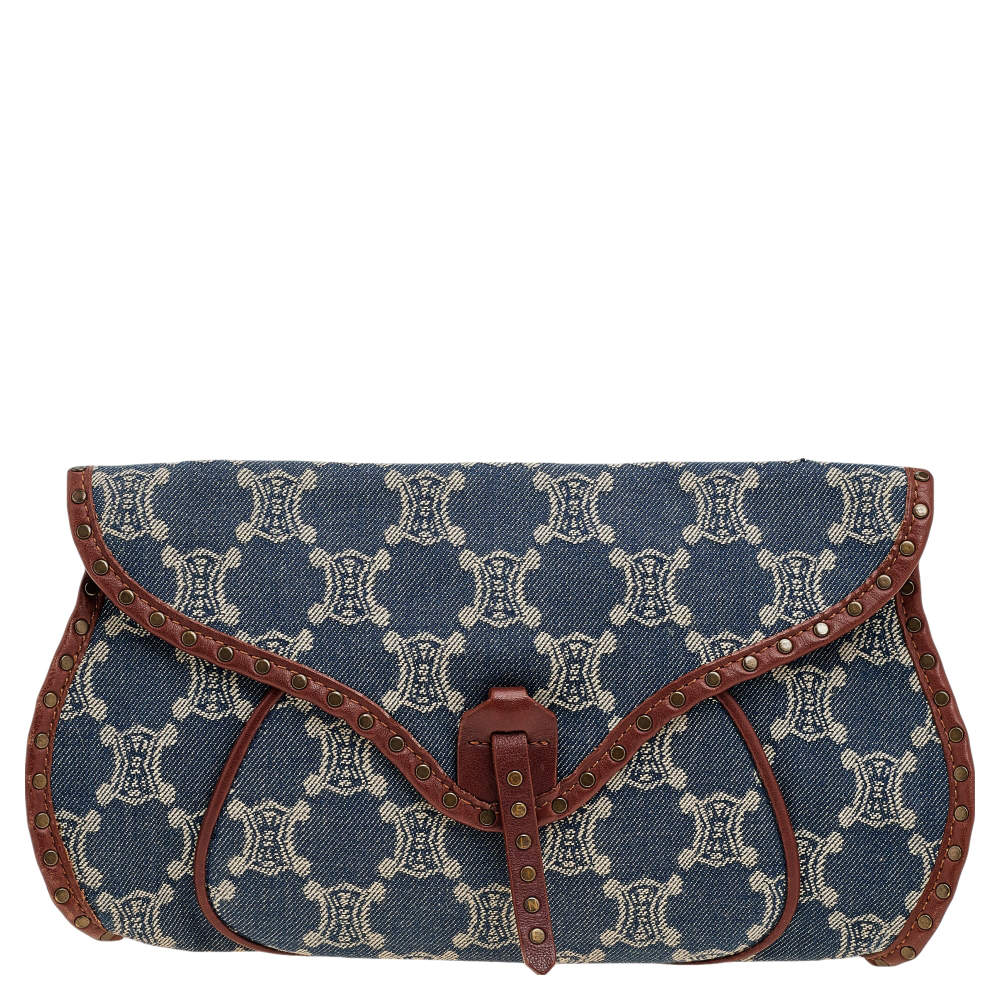 Pre Owned Celine Blue/Brown Macadam Denim And Leather Studded Clutch