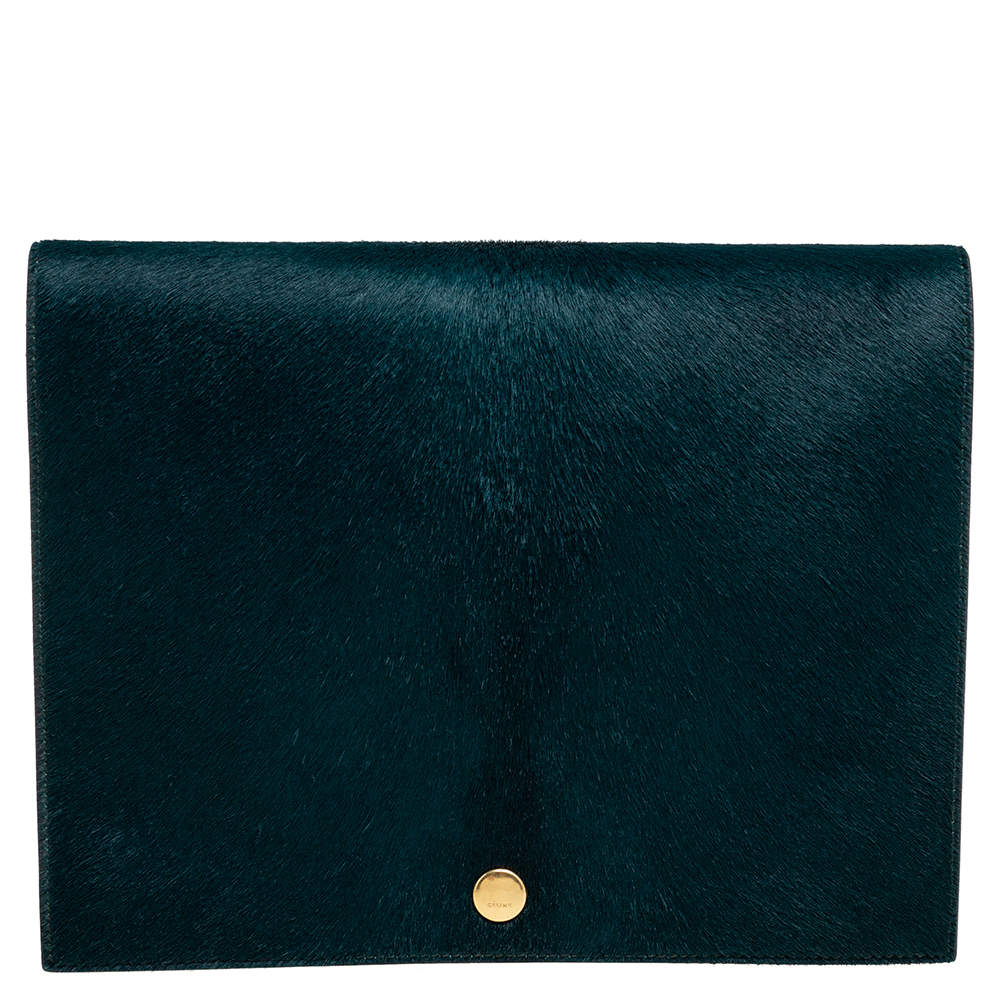Pre Owned Celine Green/Black Calf Hair and Leather Flap Clutch 