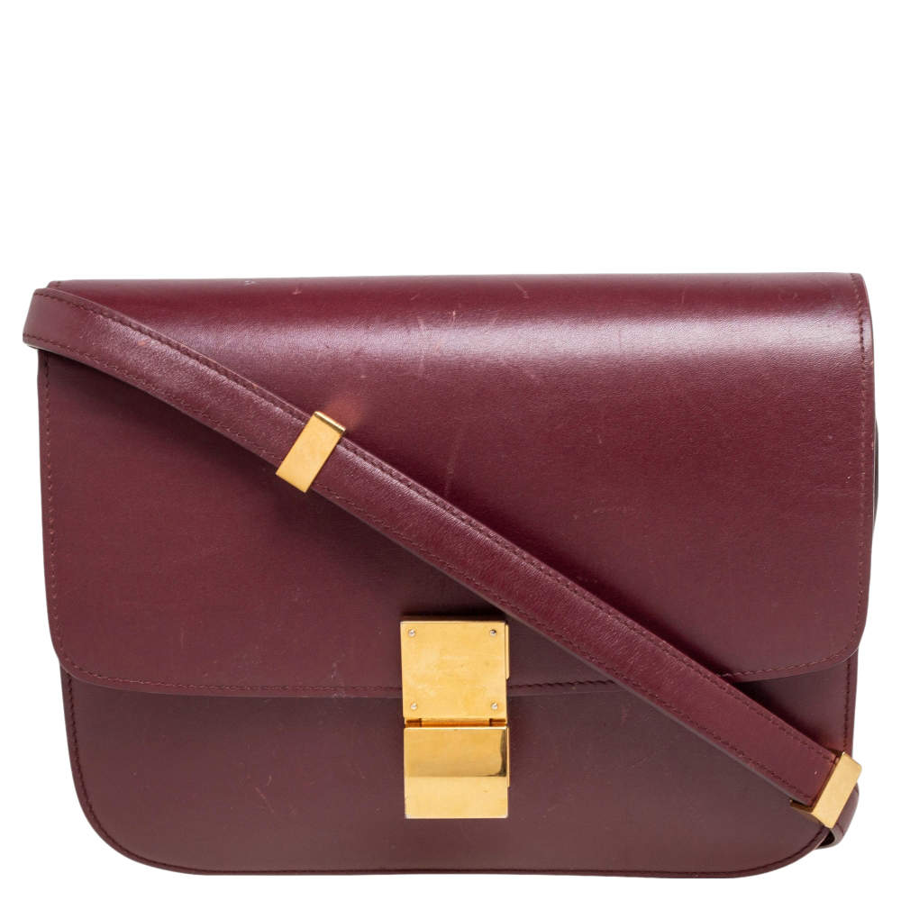 Pre Owned Celine Burgundy Leather Medium Classic Box Shoulder Bag