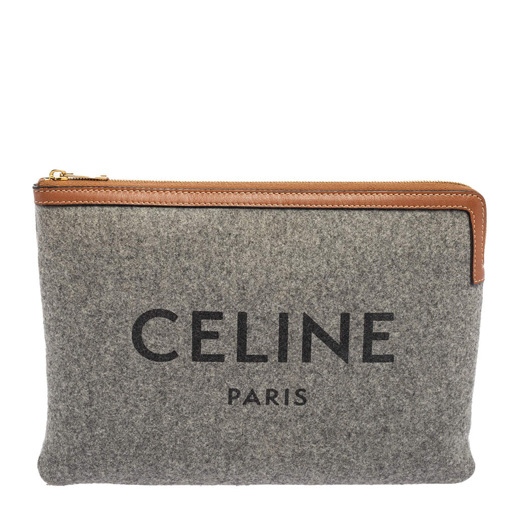 Pre Owned Celine Grey/Brown Felt Zip Pouch