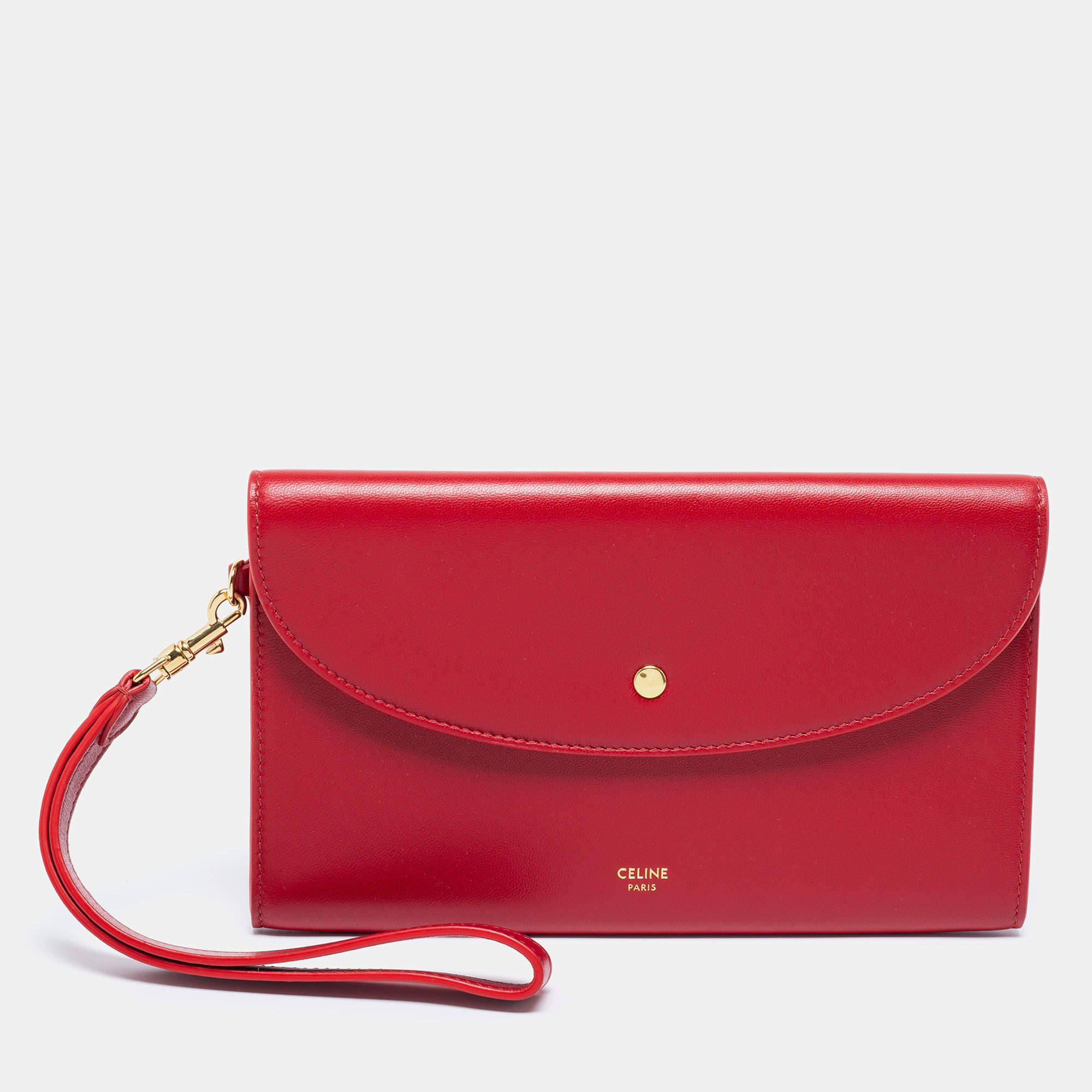 Pre Owned Celine Red Leather Flap Wristlet Clutch