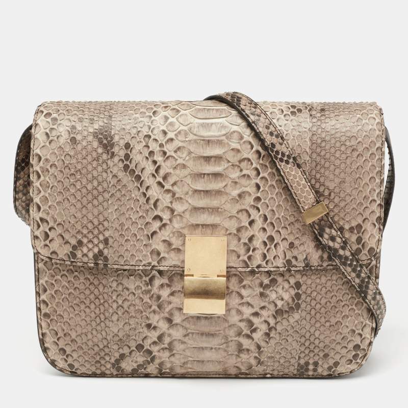 Pre Owned Celine Beige Python Medium Classic Box Shoulder Bag
