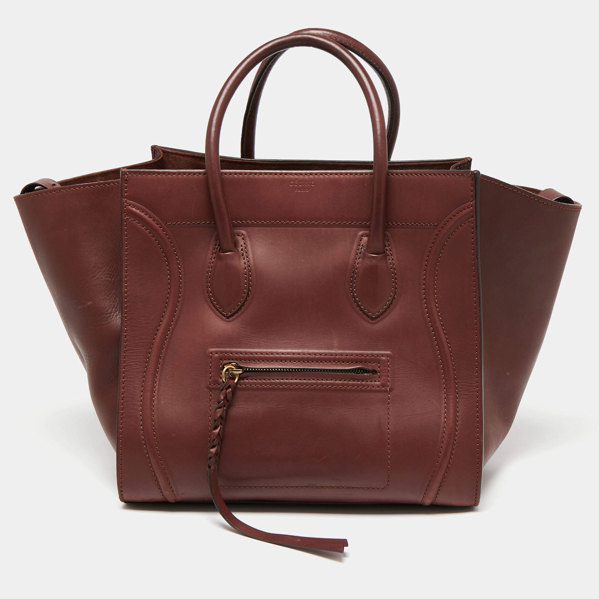 Pre Owned Celine Maroon Leather Medium Phantom Luggage Tote 
