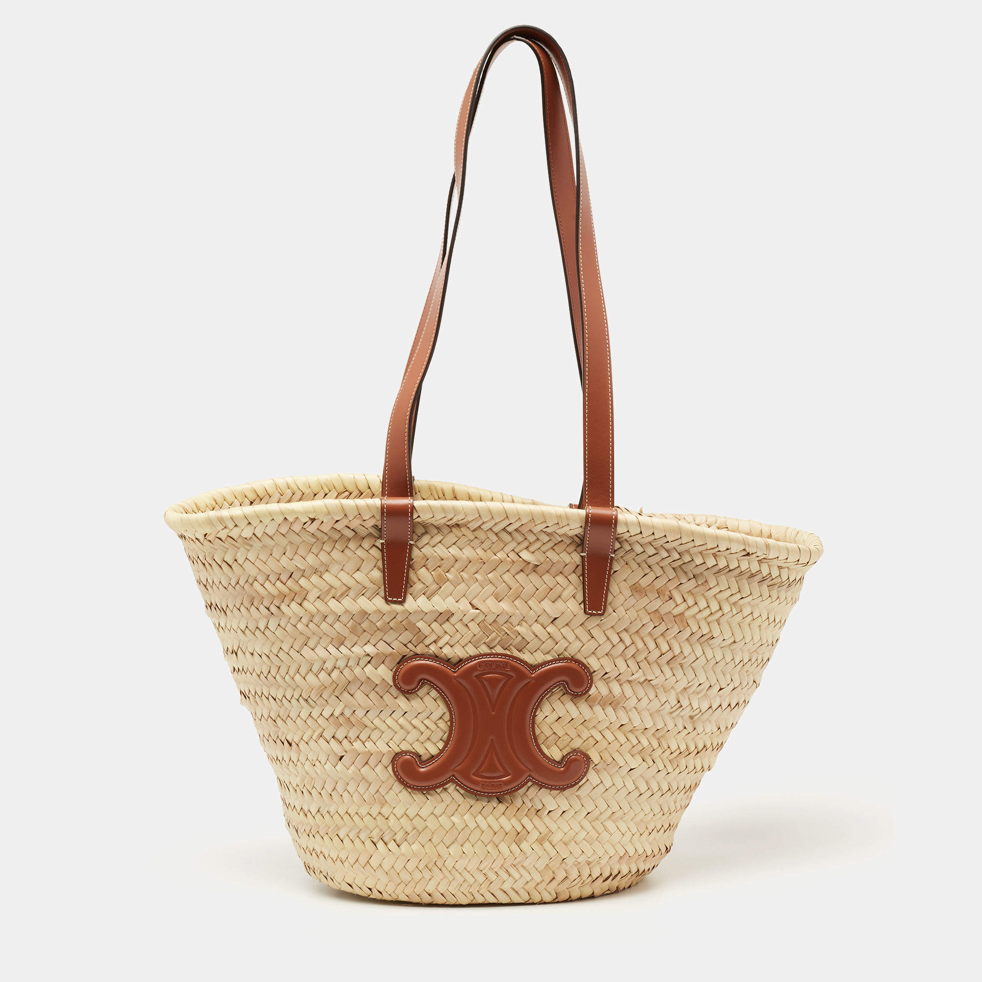 Pre Owned Celine Brown/Cream Woven Raffia and Leather Triomphe Basket Tote