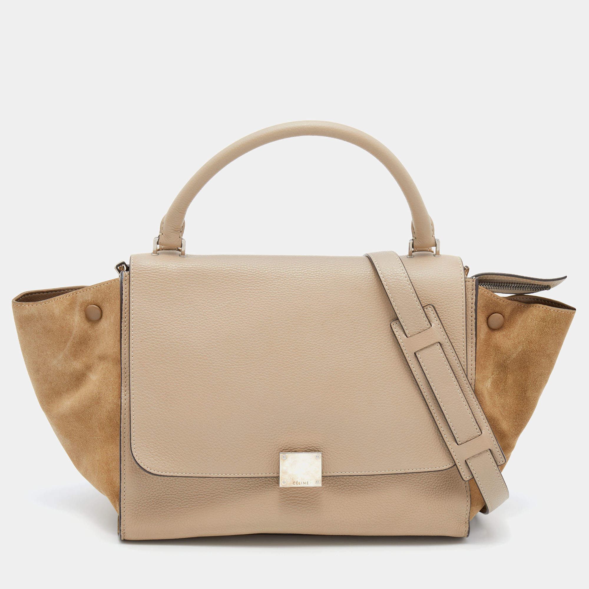Pre Owned Celine Beige Leather and Suede Medium Trapeze Top Handle Bag