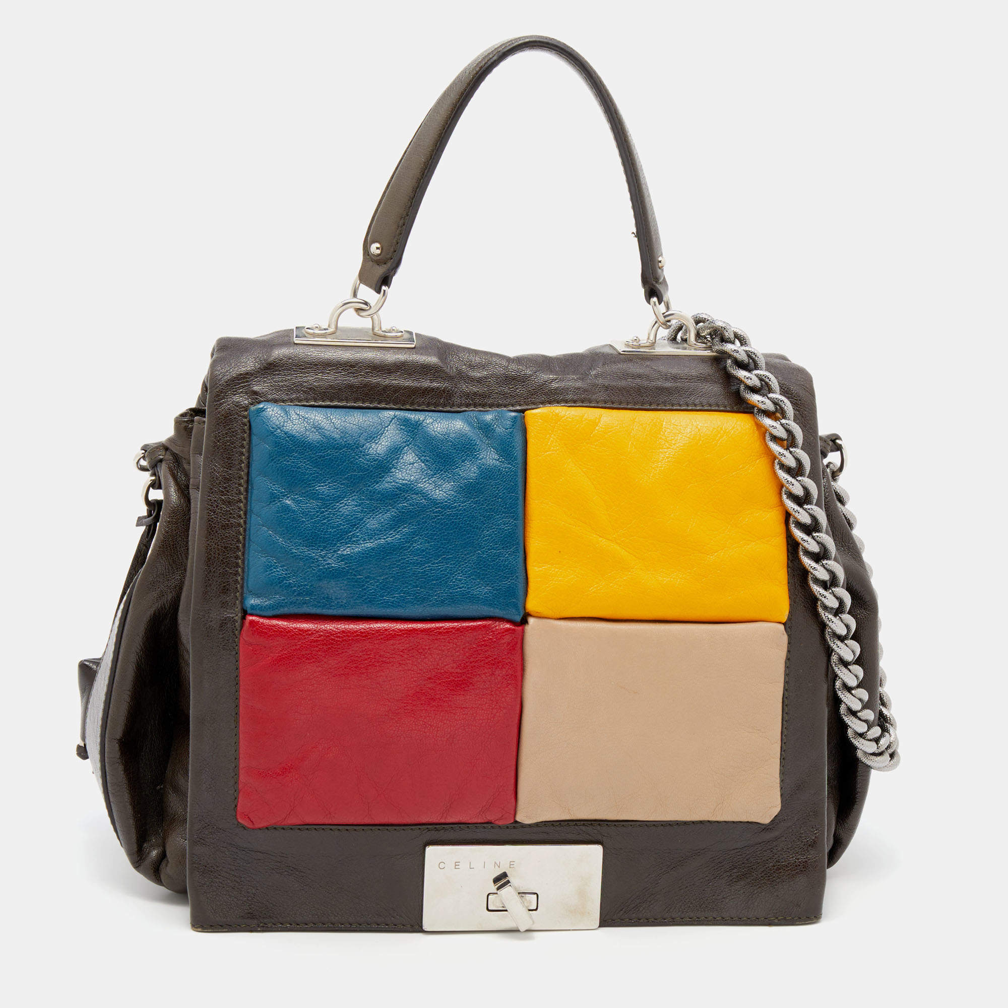 Pre Owned Celine Multicolor Leather Color Block Flap Top Handle Bag