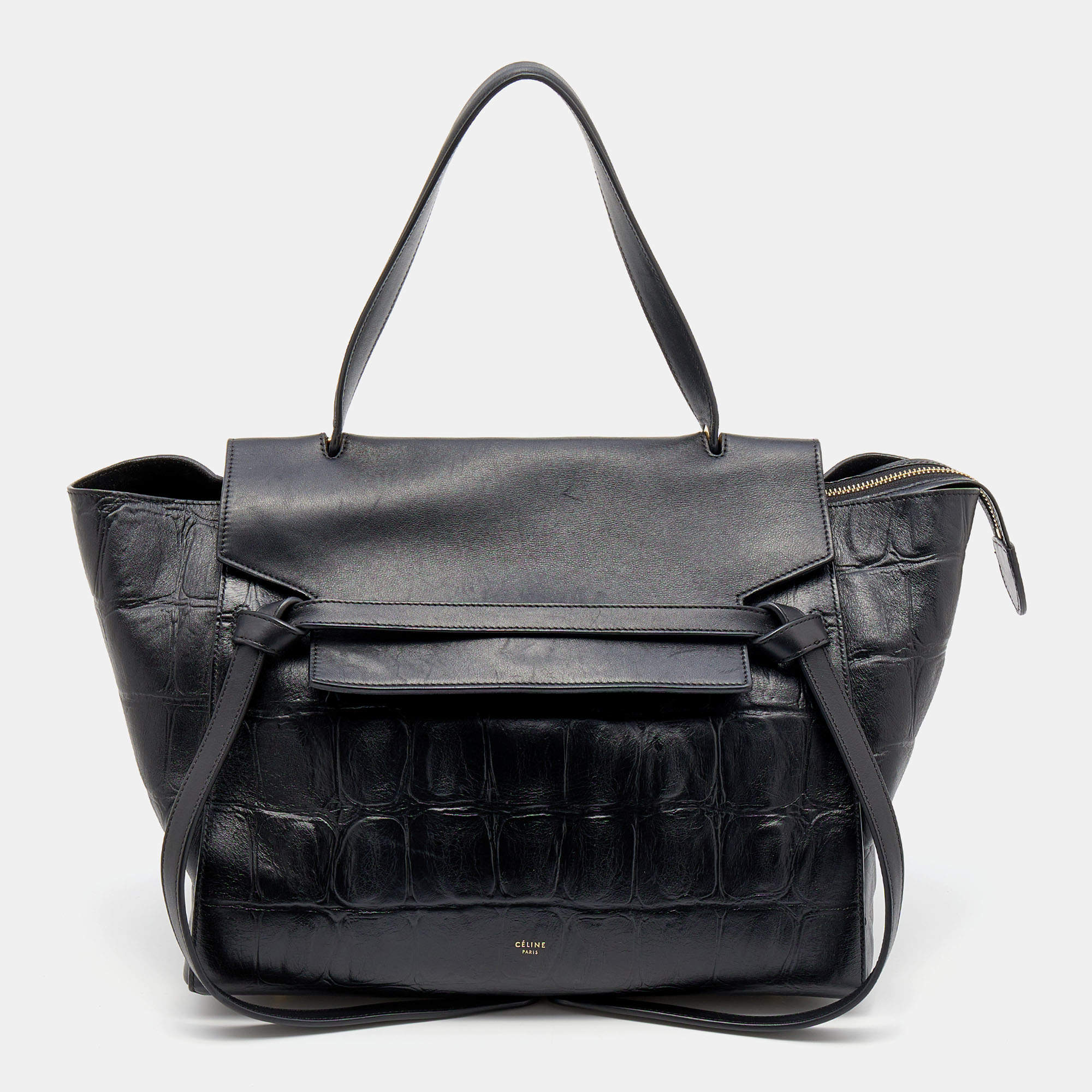 Pre Owned Celine Black Croc Embossed Leather Mini Belt Top Handle Bag