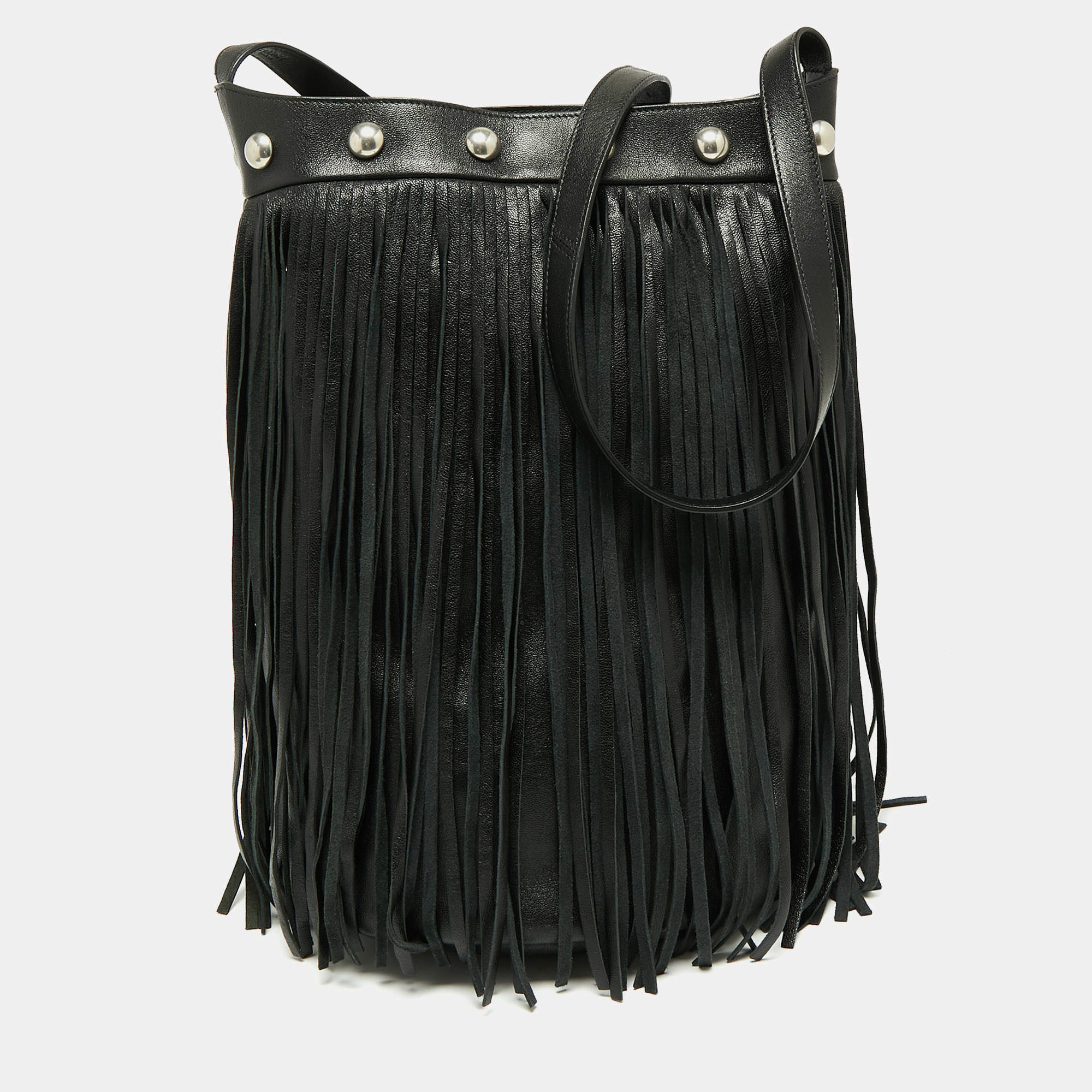 Celine Black Leather Studded Fringe Hobo