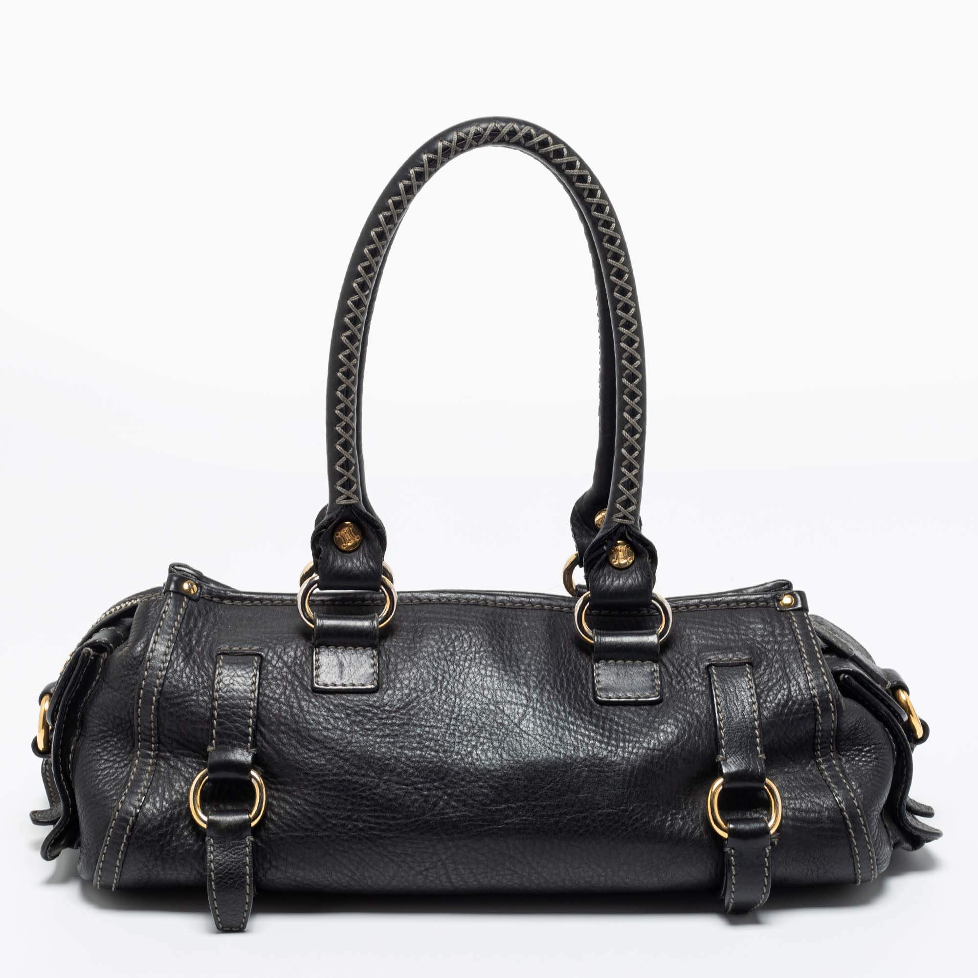 Pre Owned Celine Black Leather Whipstitch Handle Satchel