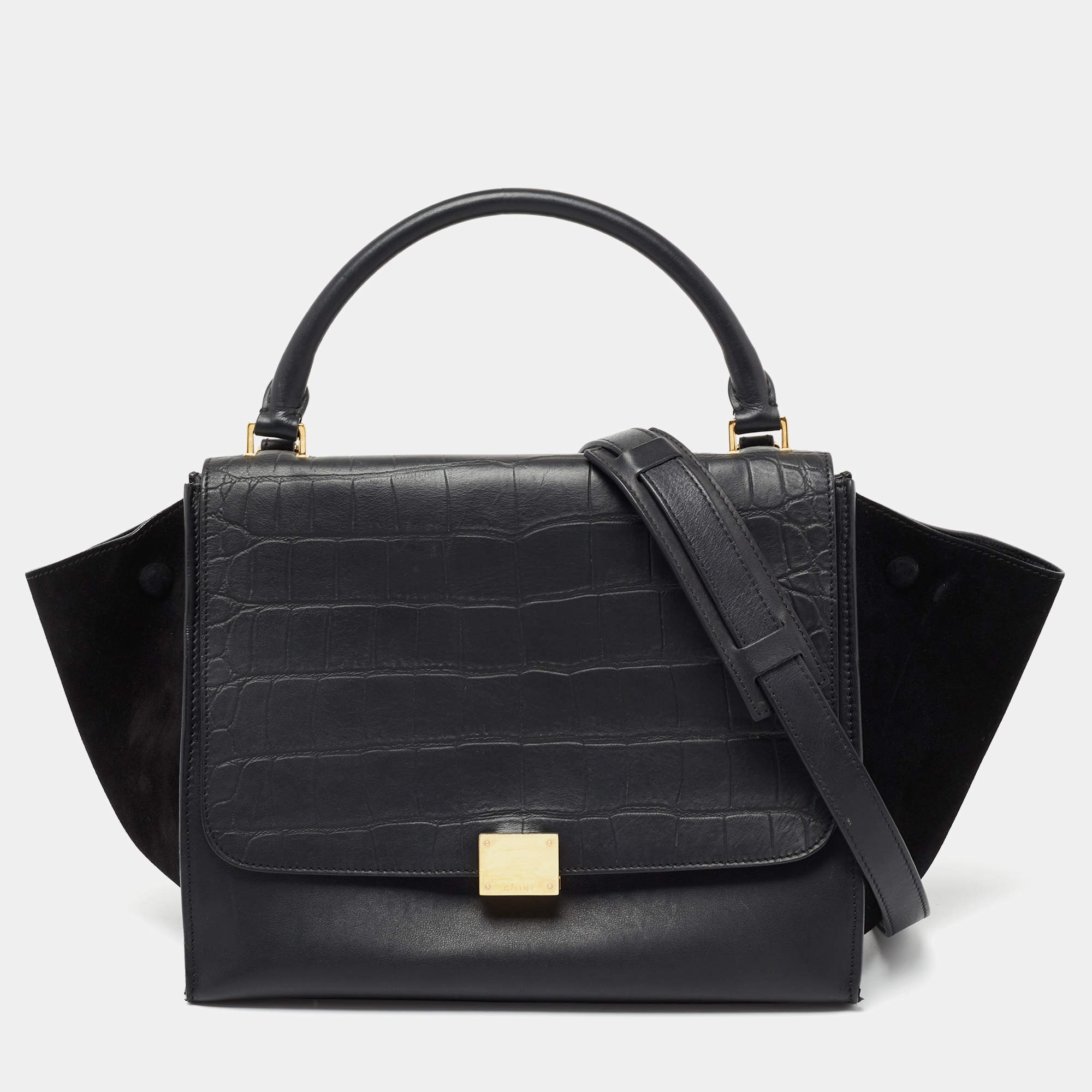 Pre Owned Celine Black Croc Embossed, Leather and Suede Medium Trapeze Bag