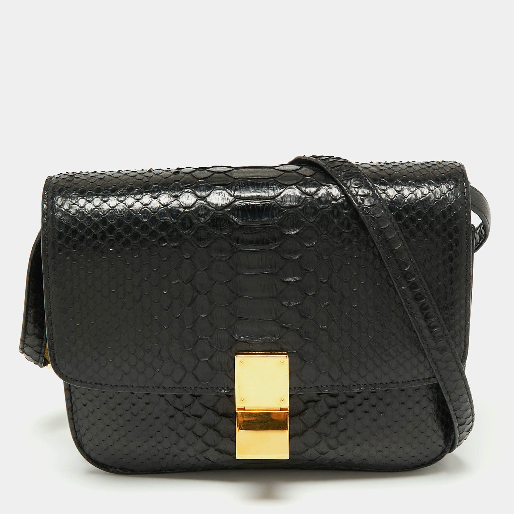 Pre Owned Celine Black Python Medium Classic Box Shoulder Bag