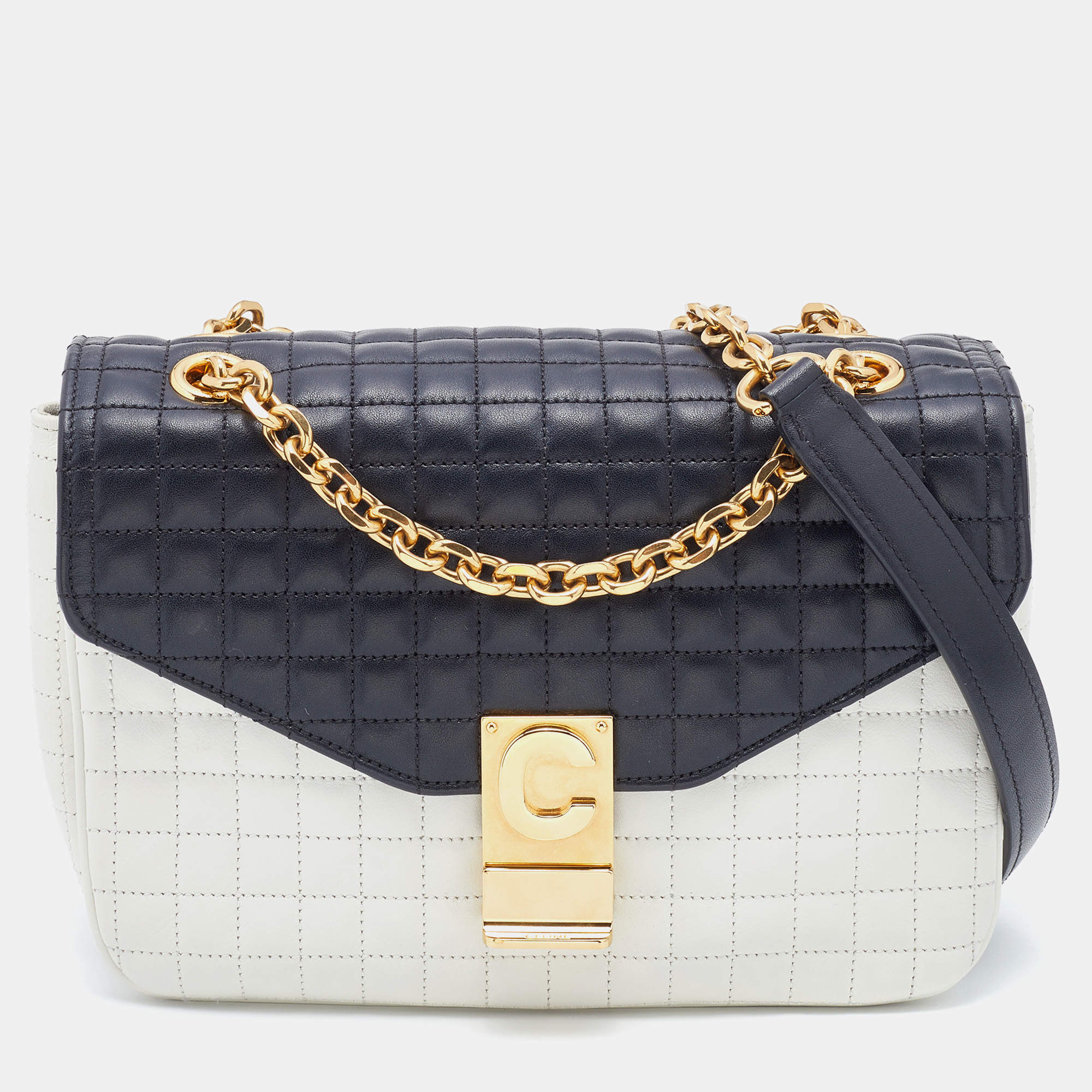 Pre Owned Celine Black/White Quilted Leather Medium C Bag